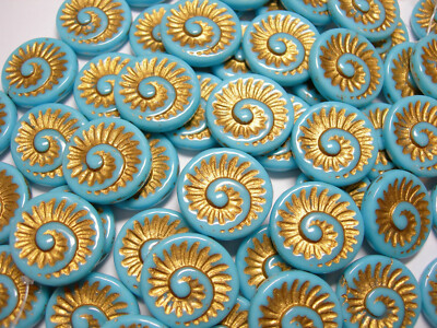6 - 18mm Baby Blue Gold Fossil Snail Shell Swirl Spiral Czech Glass Coin Beads 