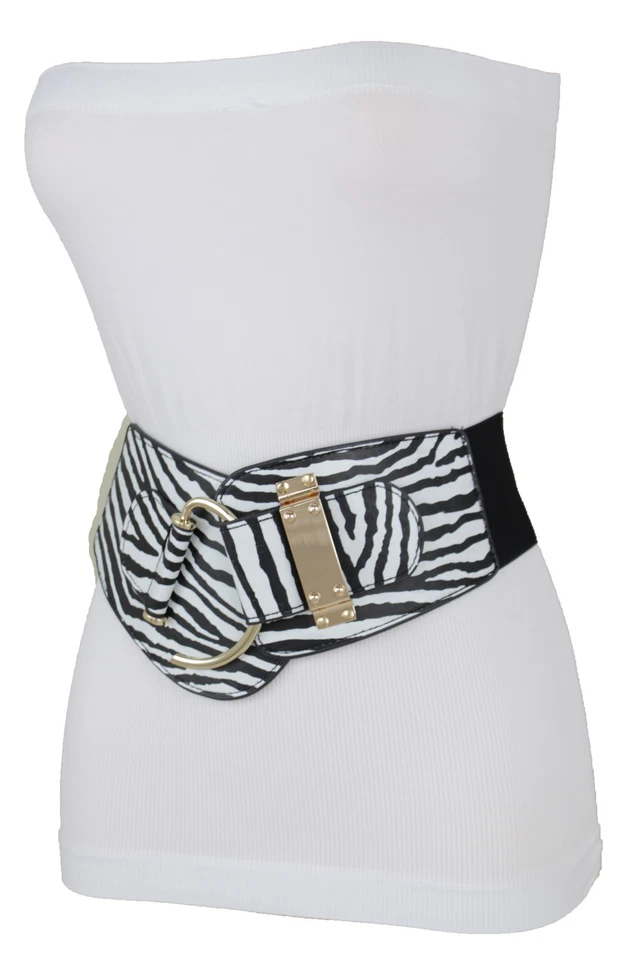 Cinturón estilo safari estampado cebra negro blanco hebilla gancho metal dorado para mujer talla L XL Foto 2 de 4