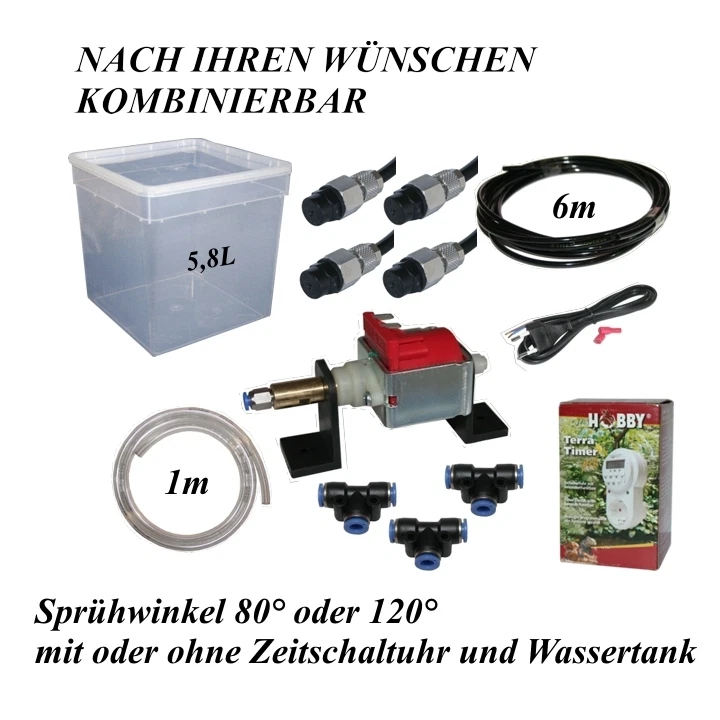 AW-TERRARISTIK Beregnungsanlage Terrarium - Bausatz mit 4 Düsen 80°/120° - Zeitschaltuhr - Tank