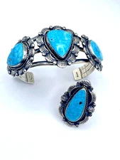 Kingman Water Web Turquoise Bracelet Ring Set Sterling SZ 8.5 Navajo Signed