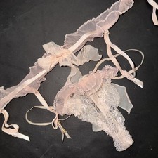 Victoria's Secret Designer Collection S THONG XS/S GARTER Belt PINK Beige Ruffle