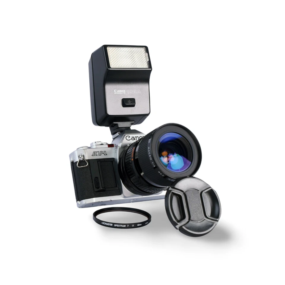 Canon AV-1 35 mm película cromada SLR + lente zoom Kiron 28-70/3,5-4,5 y kit de flash 188A Foto 3 de 4