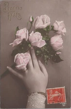 RPPC Womans Hand Pink Roses Happy Birthday c1910 French photo postcard AP9