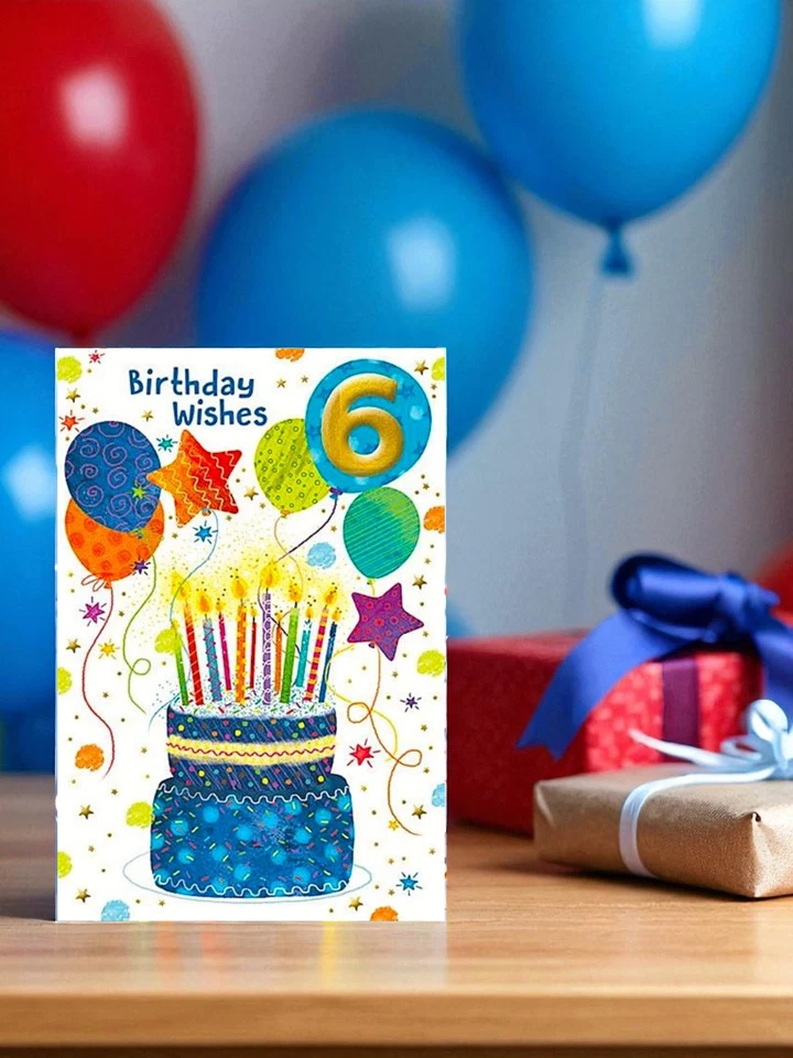 6 лет мальчик поздравительная открытка — 6 -й день рождения золото красный забастовки серебряными блестками 7.5x5.25" - Изображение 3 из 4