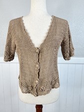 Vtg 90s Open Knit Crochet Rosette Flowers Cardigan Sweater Sheer Boho Top Sz M