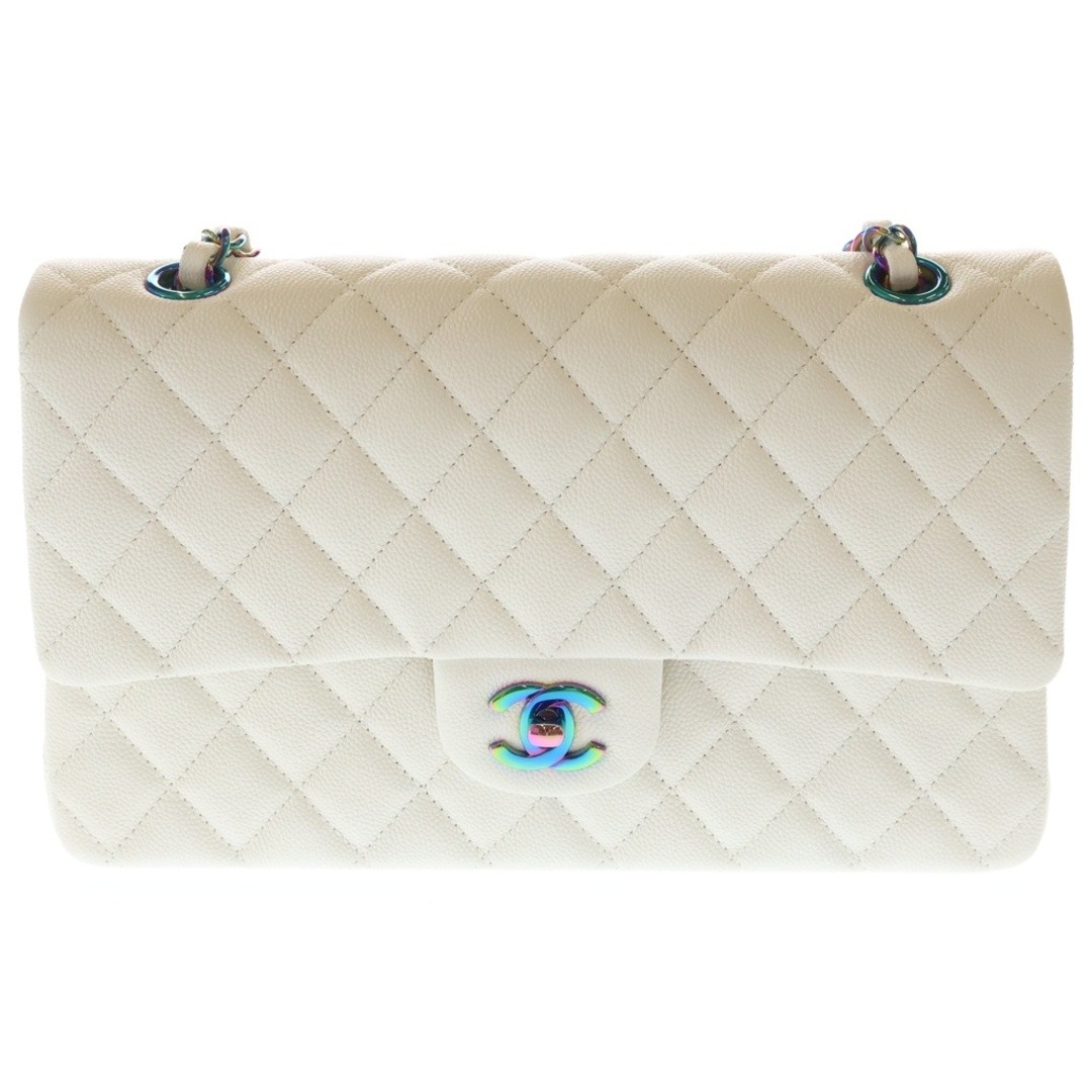 CHANEL Matelasse 25 Caviar Skin Double Flap Chain Bag White Rainbow Used 8cb4a6e