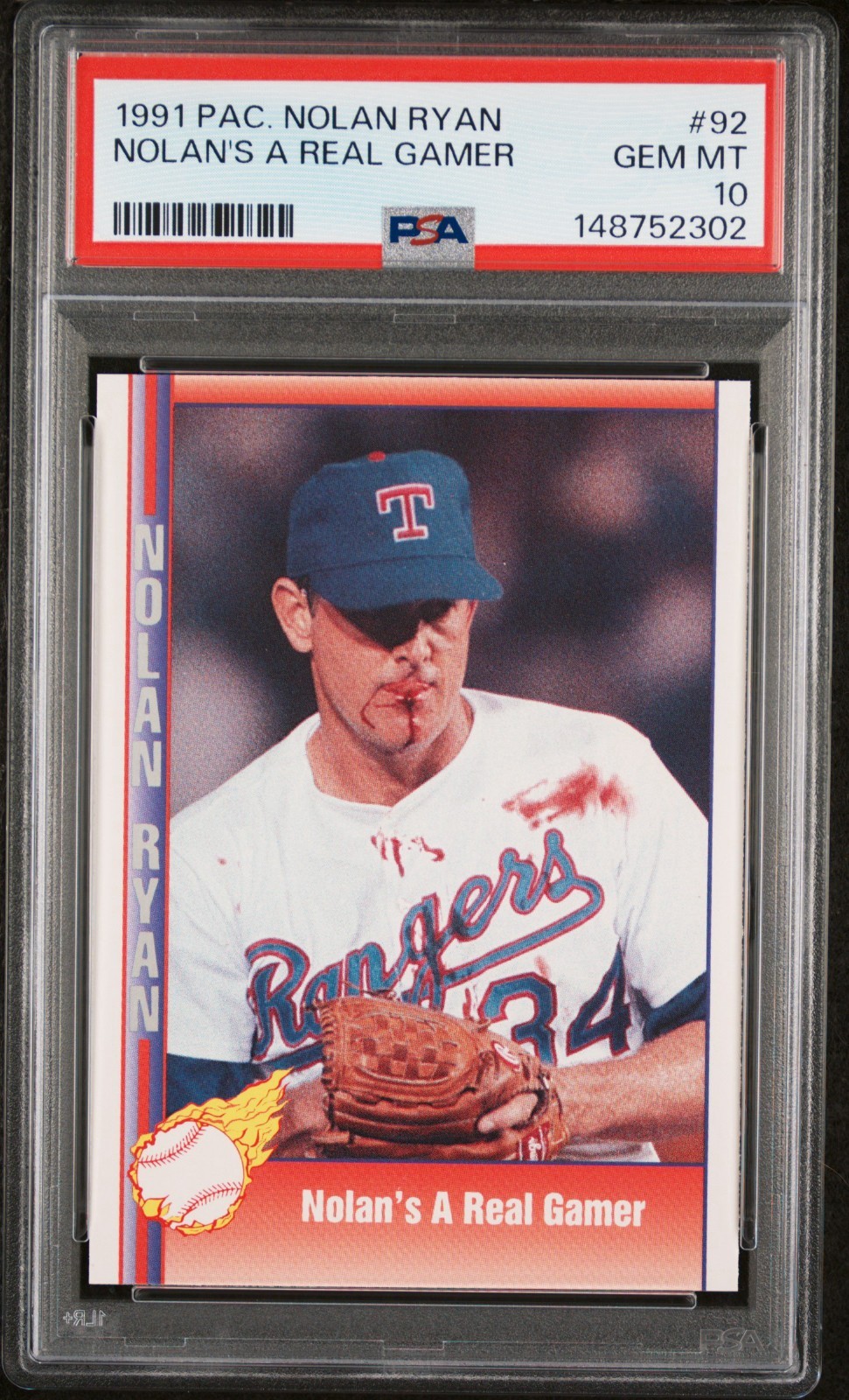 1991 Pacific NOLAN RYAN "Bloody Lip" Baseball Card #92 Graded PSA 10 GEM MINT