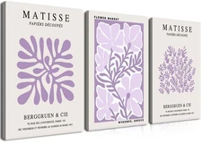 Framed Purple Matisse Wall Art Set of 3, Abstract Henri Matisse Canvas Wall D...