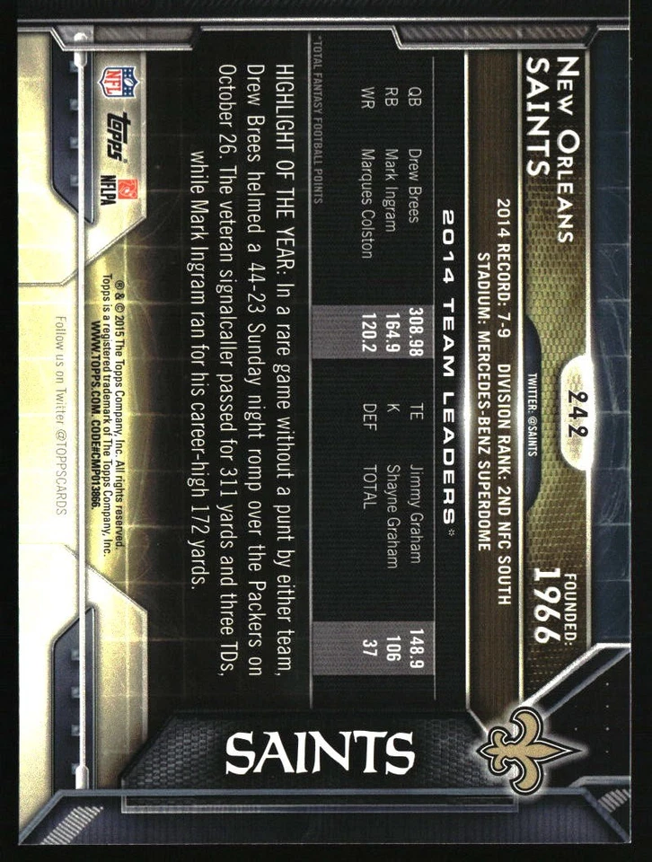 2015 Topps #242 New Orleans Saints New Orleans Saints - Image 2 of 2