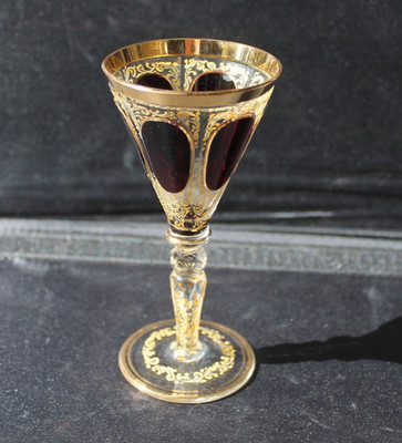 Moser Cabochon Port Wine Glass Extensively Enameled Cut Knop & Stem Ruby Panels