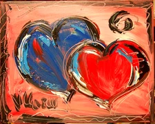 TWO HEARTS  ORIGINAL OIL PAINTING ABSTRACT MODERN ART RED BLUE THRTH