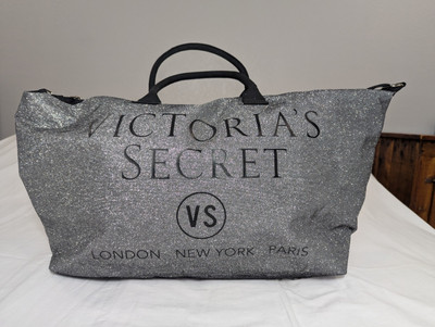 Victoria Secret Tote Bag London New York Silver Glitter Shimmering Weekender VS
