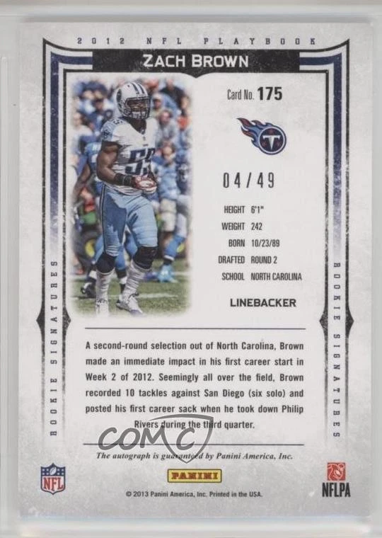 2012 Panini Playbook Rookie Signatures Gold /49 Zach Brown #175 Rookie Auto RC - Image 2 of 2