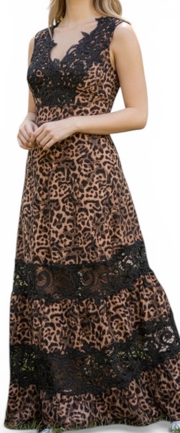 Venus Leopard Print Maxi Dress Lace Trim Boho Evening Party Resort Women 8