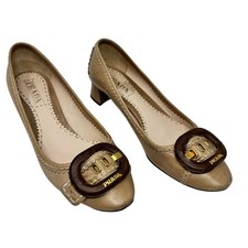 Prada Vintage Leather Wood Buckle Whipstitch Kitten Heel Pump Camel EU 39.5