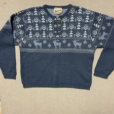 Vintage Woolrich Sweater Womens Size L Blue Fairisle Winter Deer Toggle Clasps