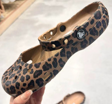 New Womens Crocs Classic Leopard Print Ballet Flat Clog beach shoes Black