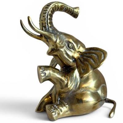 Vintage Large 8'' Heavy Solid Brass Elephant Figurine Sitting Statue Decor