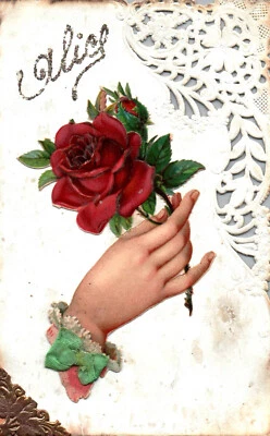 CPA Fantaisie en relief et découpe dentelle et coin or - Alice (main à la rose) - Photo 1/2