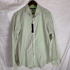 Perry Ellis Shirt Mens Large Long Sleeve Multi Plaid White Green Cotton Stretch