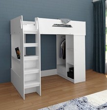 Single High Sleeper Bed with Desk, Storage and Hanging Area, White