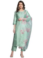 Women's Silk Blend Embroidered Straight Kurta Pant Set with Organza Dupatta