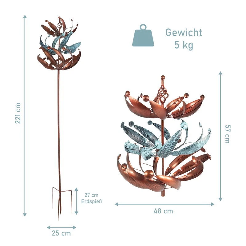 Windrad mit 3 gegenläufigen Rotoren, bronze, Gartendeko, 221 cm hoch - Bild 3 von 4