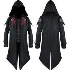 Steampunk Gotico Tuxedo Trench Coat Collo Pieghevole Cappuccio Cappotto Pelle Uomo ~