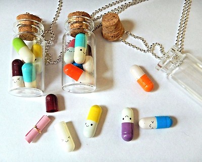 BOTTLE OF LITERALLY HAPPY PILLS chill drugs pendant necklace jar 