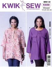 Kwik Sew K658 Tops w Shaped Hem, Concealed Buttons PLUS Sz 1x - 4x UNCUT K4074