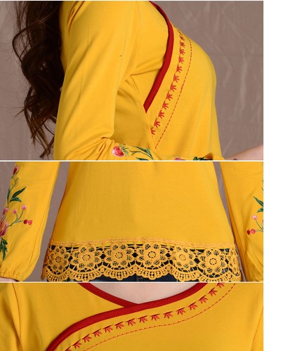 Tops Blouse Chinese Embroidery Retro Womens Cotton Long Sleeve T-shirt Folk New - Picture 6 of 18