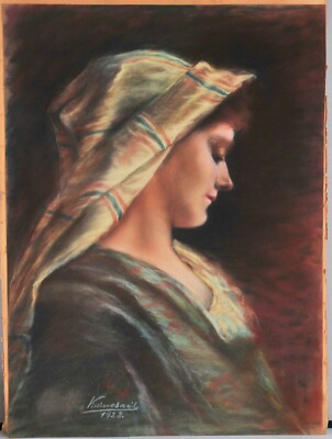 Pastel portrait of a lady with a scarf, signed as ''Kurucsai'', 1928