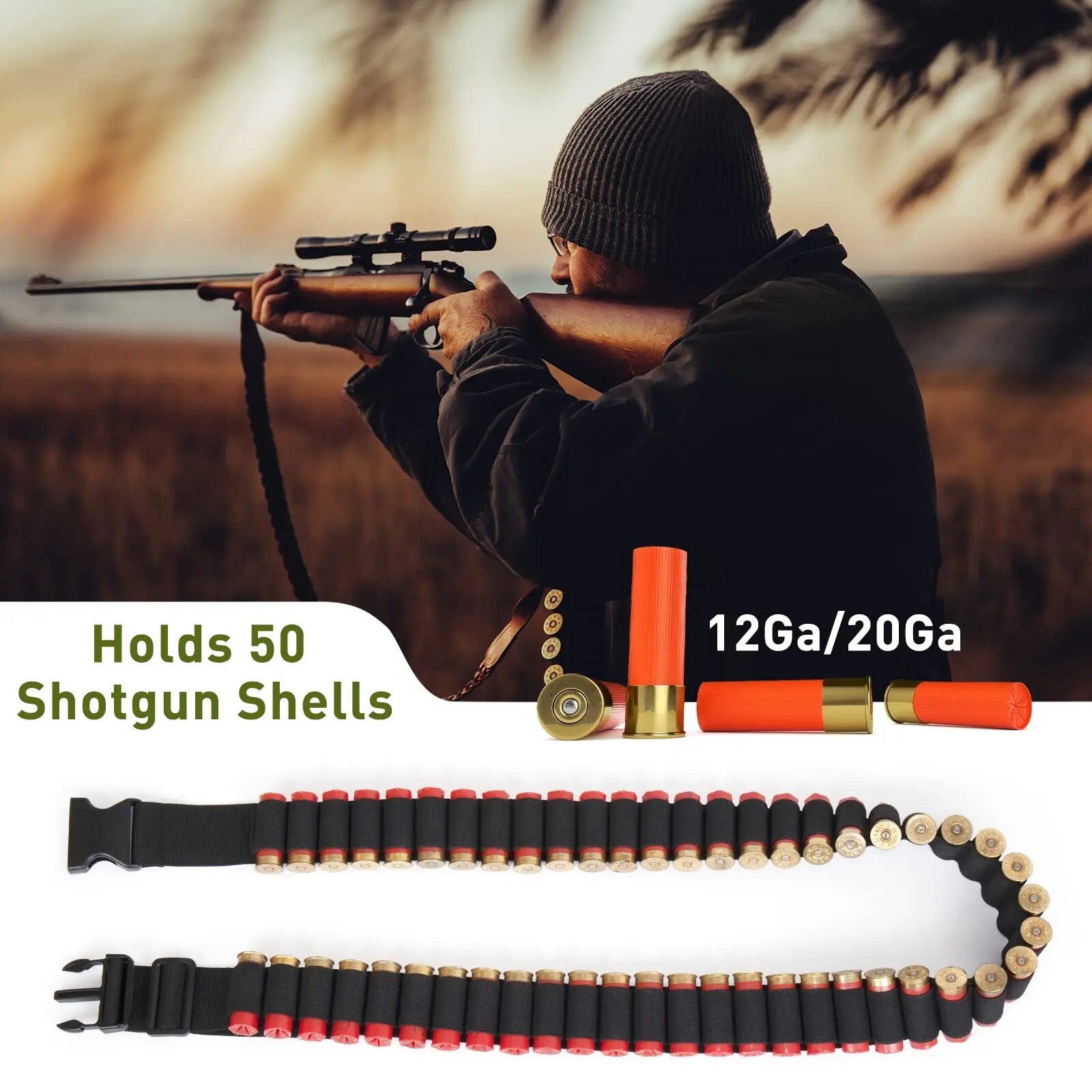 Hunting Shotgun Shell Holder, Tactical Ammo Belts for 12 & 20GA 50 Shells