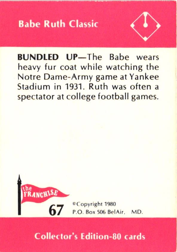 Babe Ruth #67 of 80 Classic Life Cards 1980 Collector's Edition - Set Break - Image 2 of 2