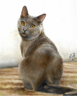   ORIGINAL Oil Portrait Painting CHARTREUX Artist Signed Art Grey Blue Gray Cat
