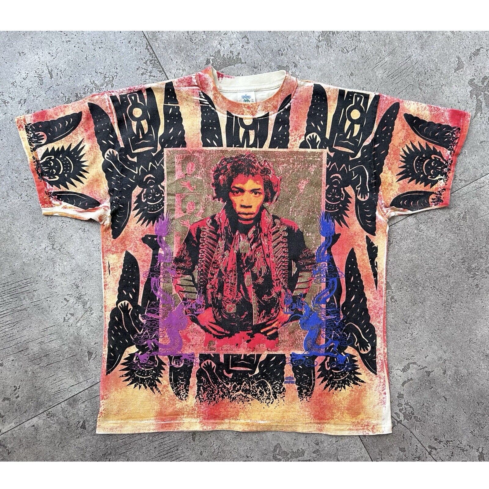 Vintage Jimi Hendrix Heaven Smiles Mosquitohead All Over Print T Shirt Size XL