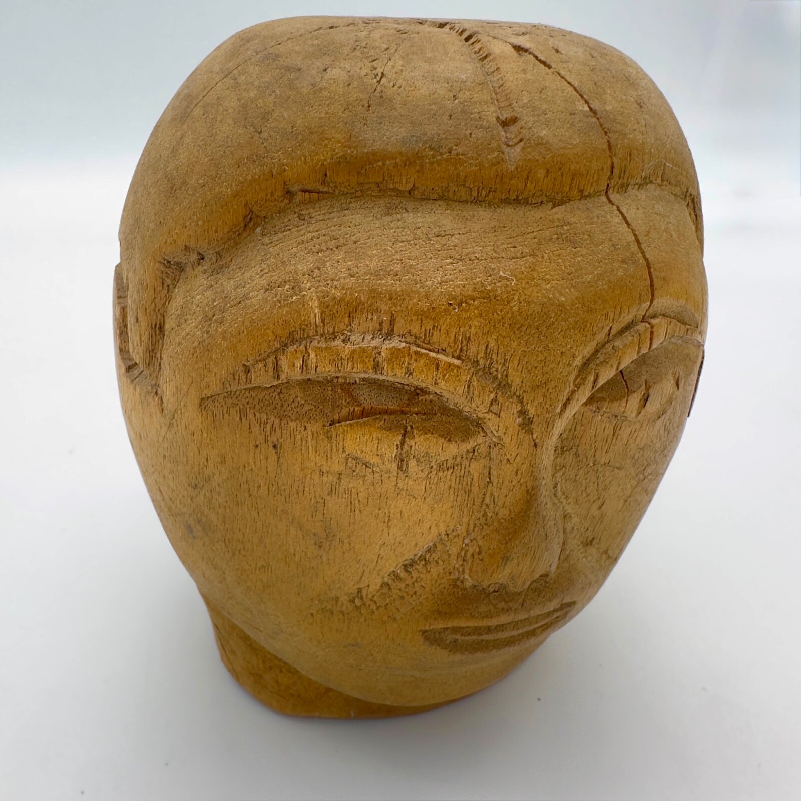 Antique Southeast Asian Hand-Carved Wooden Head Statue - 5" Tall, Batak Shaman?