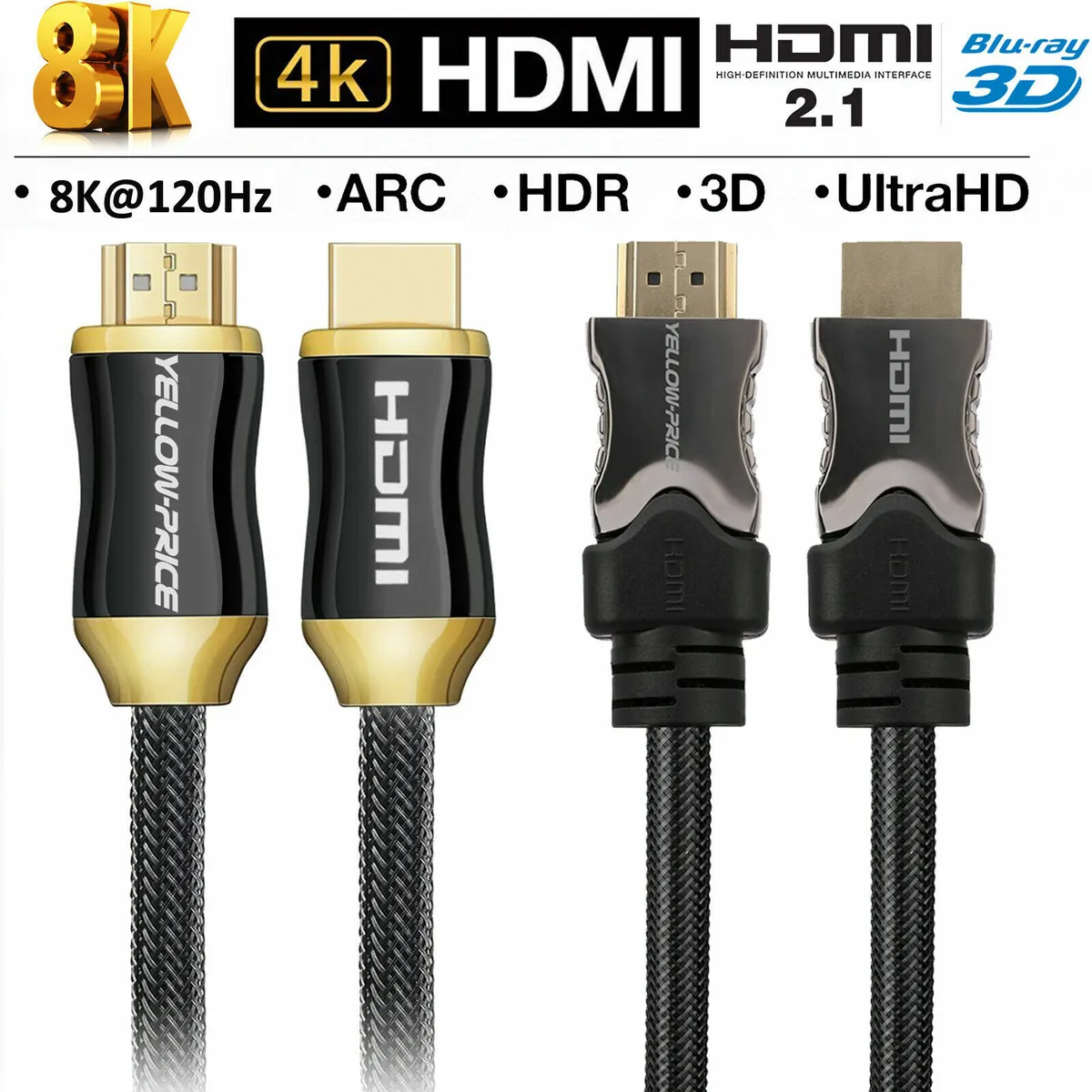 Braided HDMI Cable 2.1 2.0 Long 10ft 25ft 50ft 8K@120Hz, 4K@60Hz, 48Gbps  HDR lot