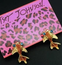Betsey Johnson Orange Glaze Enamel Rhinestone Koi Gold Fish Earrings NWT