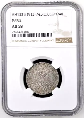 AH 1331 1913 Morocco 1/4 Rial, Paris Mint, NGC AU 58, KM-Y-31