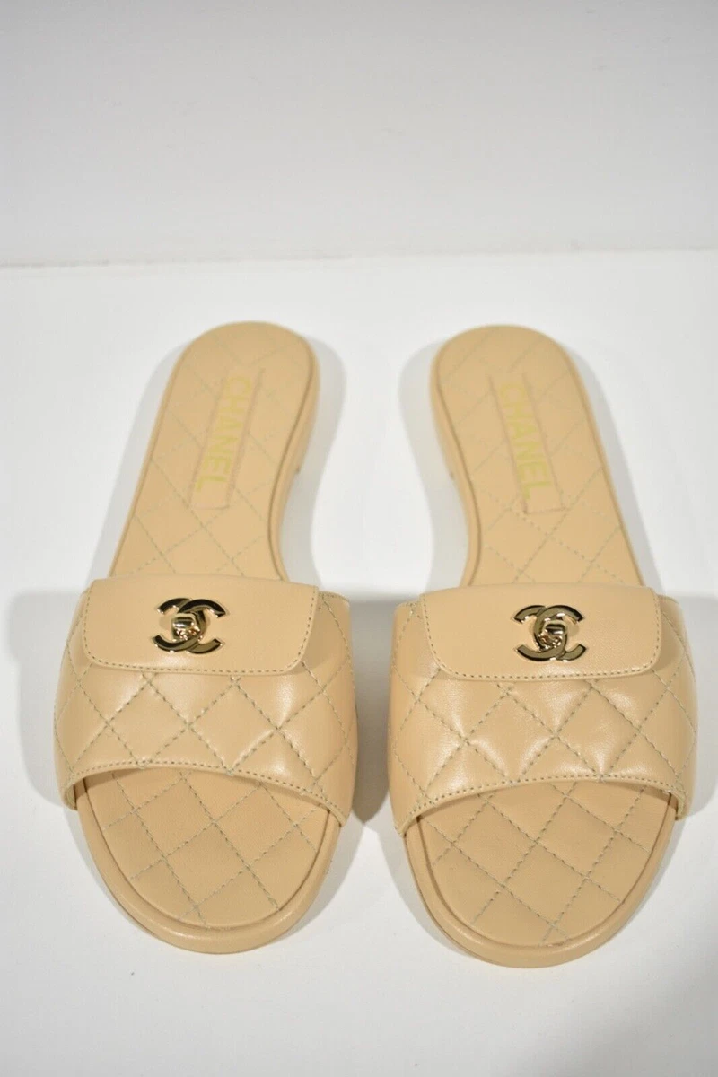 Chanel REV Beige Turnlock Quilted Gold CC Logo Mules Slide Sandal Flop Flat  36