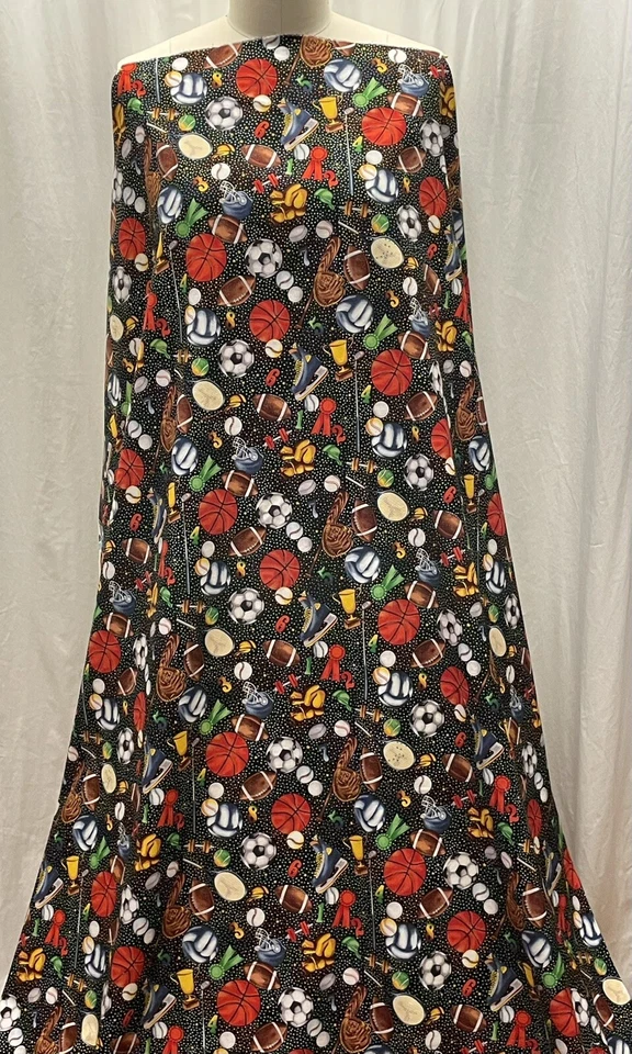 100% Cotton Sports Themed Objects & Icons on Black Fabric 2.75 Yards & 42" Wide - Image 2 of 4