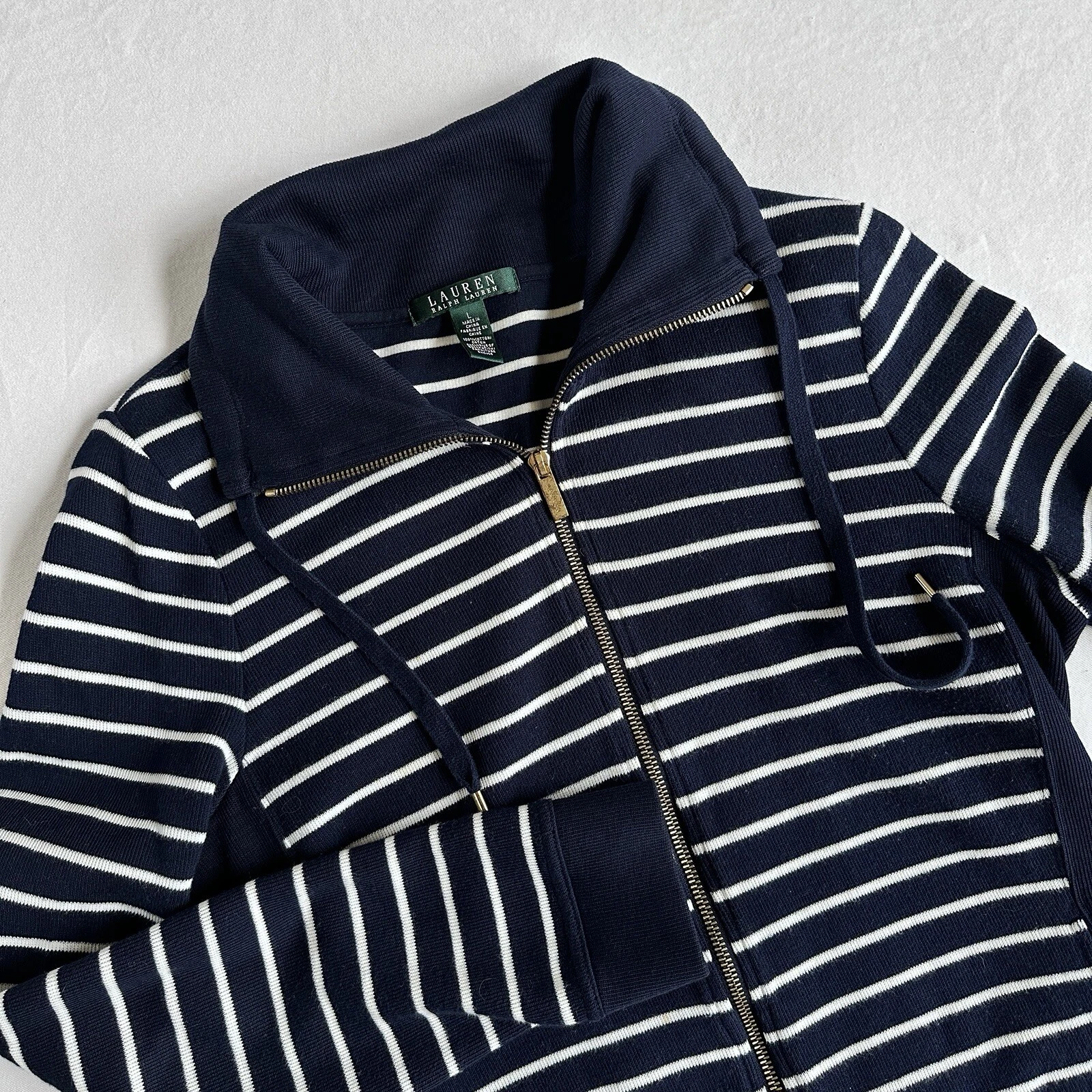 LRL Ralph Lauren Knit Jacket Womens LARGE Navy Blue White Striped Full Zip