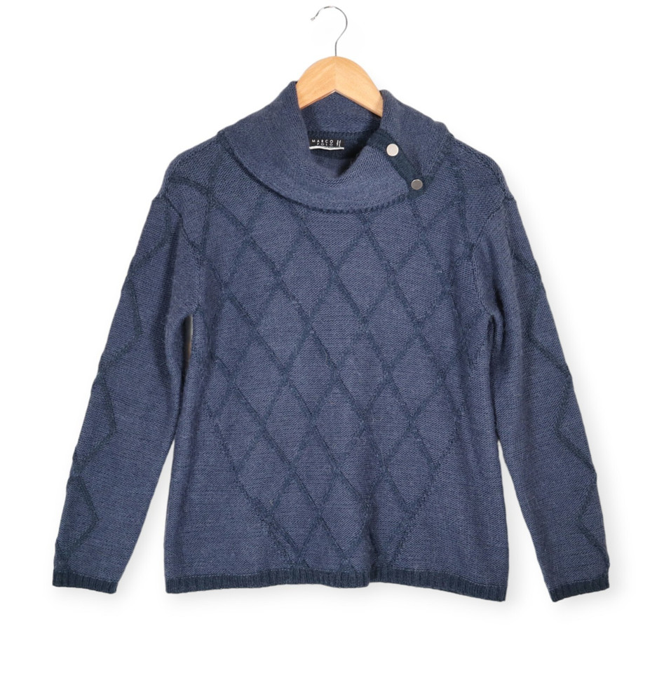 MARCO POLO Size M Blue Argyle Knit Jumper Alpaca Wool Blend Roll Neck