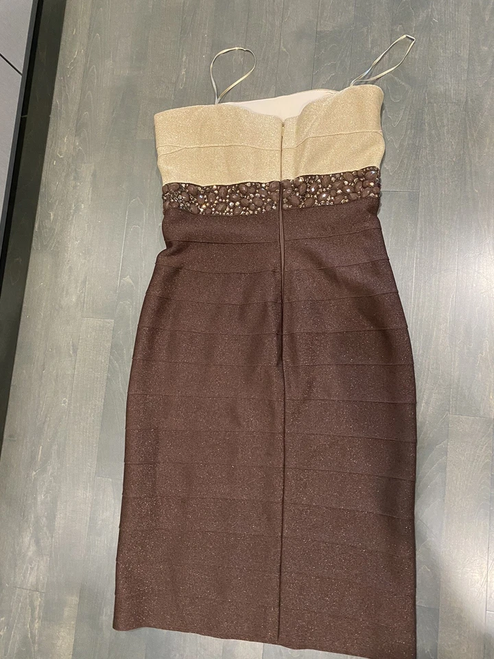 $890 Vestido Carmen Marc Valvo Cristal Incrustado Diseñador Tirantes Vendaje Talla S XS Foto 3 de 4