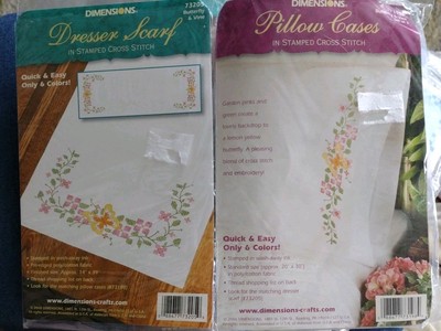 RARE DIMENSIONS SCARF & PILLOW CASES SET BUTTERFLY & WINE CROSS STITCH N. SEALED