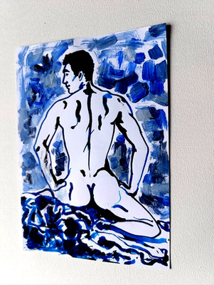 Männlicher Akt Original Zeichnung blaue Tusche, modernes abstraktes Acrylgemälde A5 LGBT