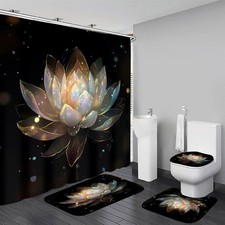 4Piece Lotus Shower Curtain Set Black Gold Flower Rugs Accessories 12 Hooks