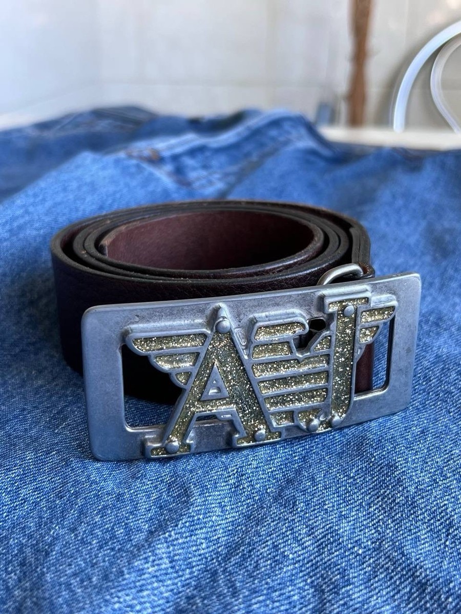 Vintage 90s Armani Jeans Leather Belt AJ Italy Y2K Brown Glitter