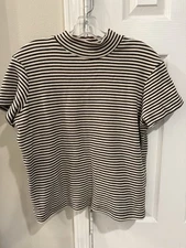 White Stag Large Striped Mock Short Sleeve Turtle Neck Tan, Black Cream